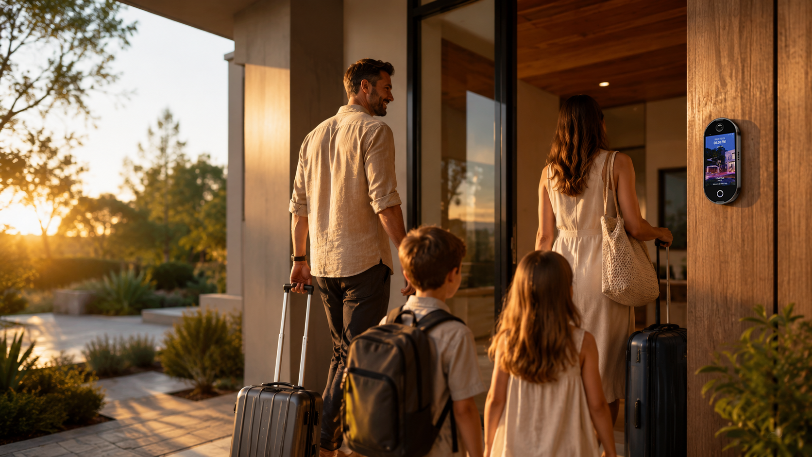 Modern Airbnb property with OVAL AI hub installed at front door